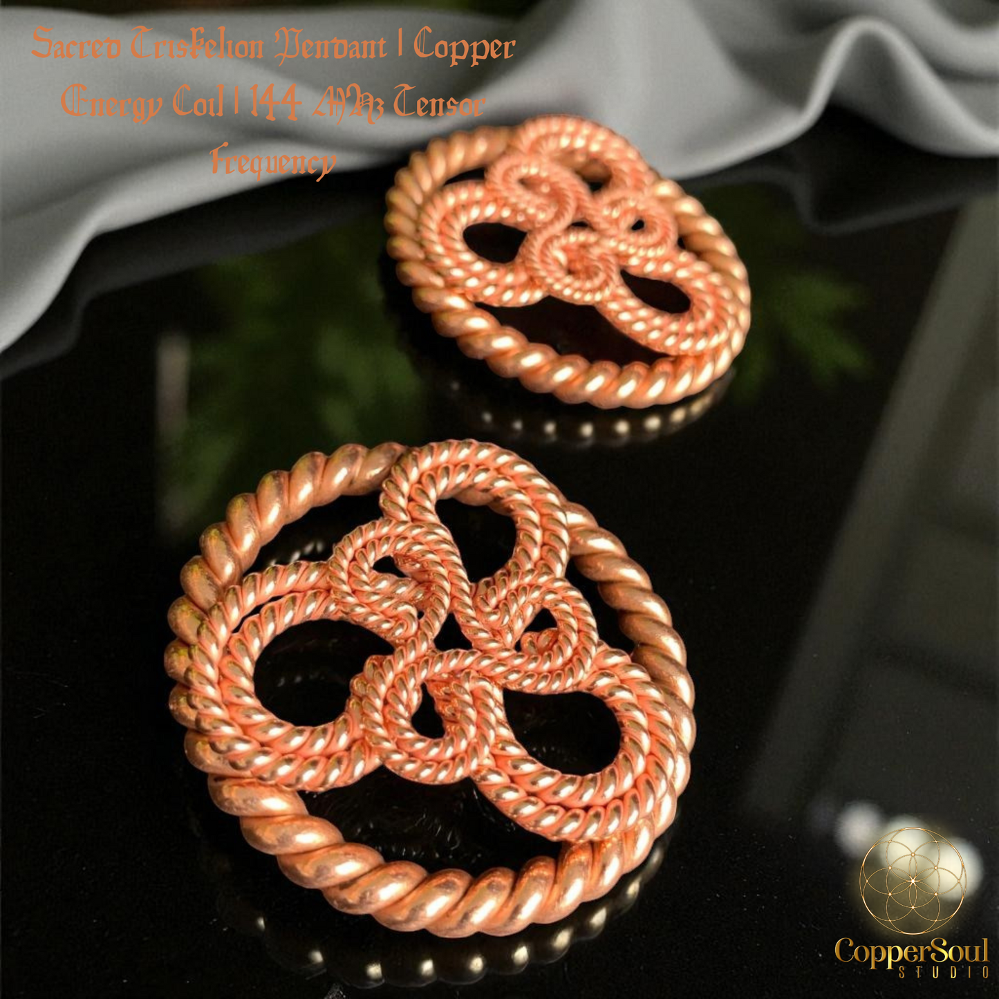 Sacred Triskelion Pendant – 144 MHz Copper Energy Coil