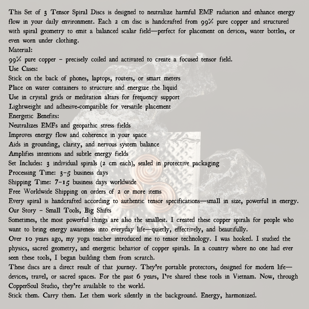 Set of 3 Tensor Spiral Copper Discs – EMF Neutralizers & Energy Amplifiers