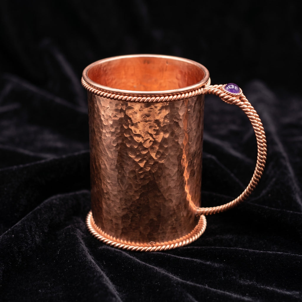 Pure Copper Hammered Mug with Natural Amethyst – Handcrafted 144/177 MHz Tensor Design | 550ml