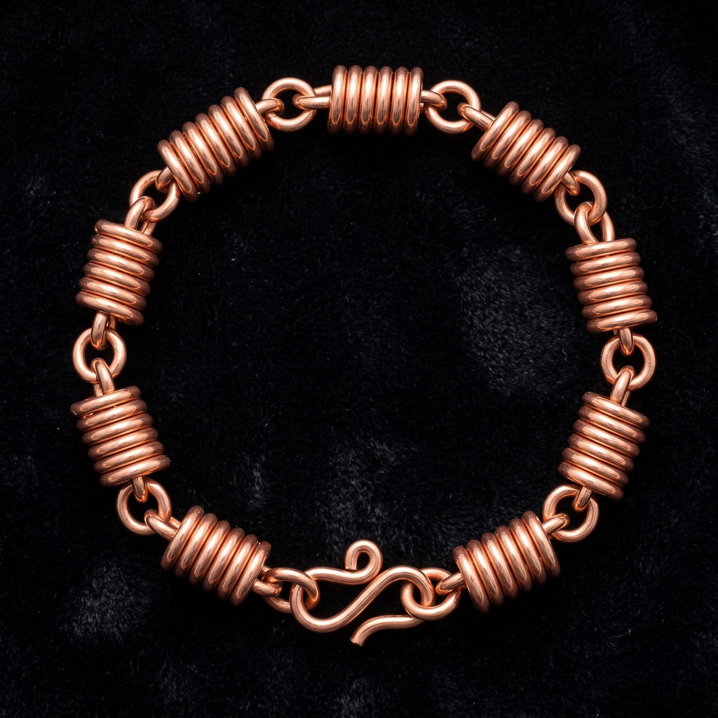 Coiled Barrel Bead Copper Bracelet - Handmade Chain Link Copper Bracelet
