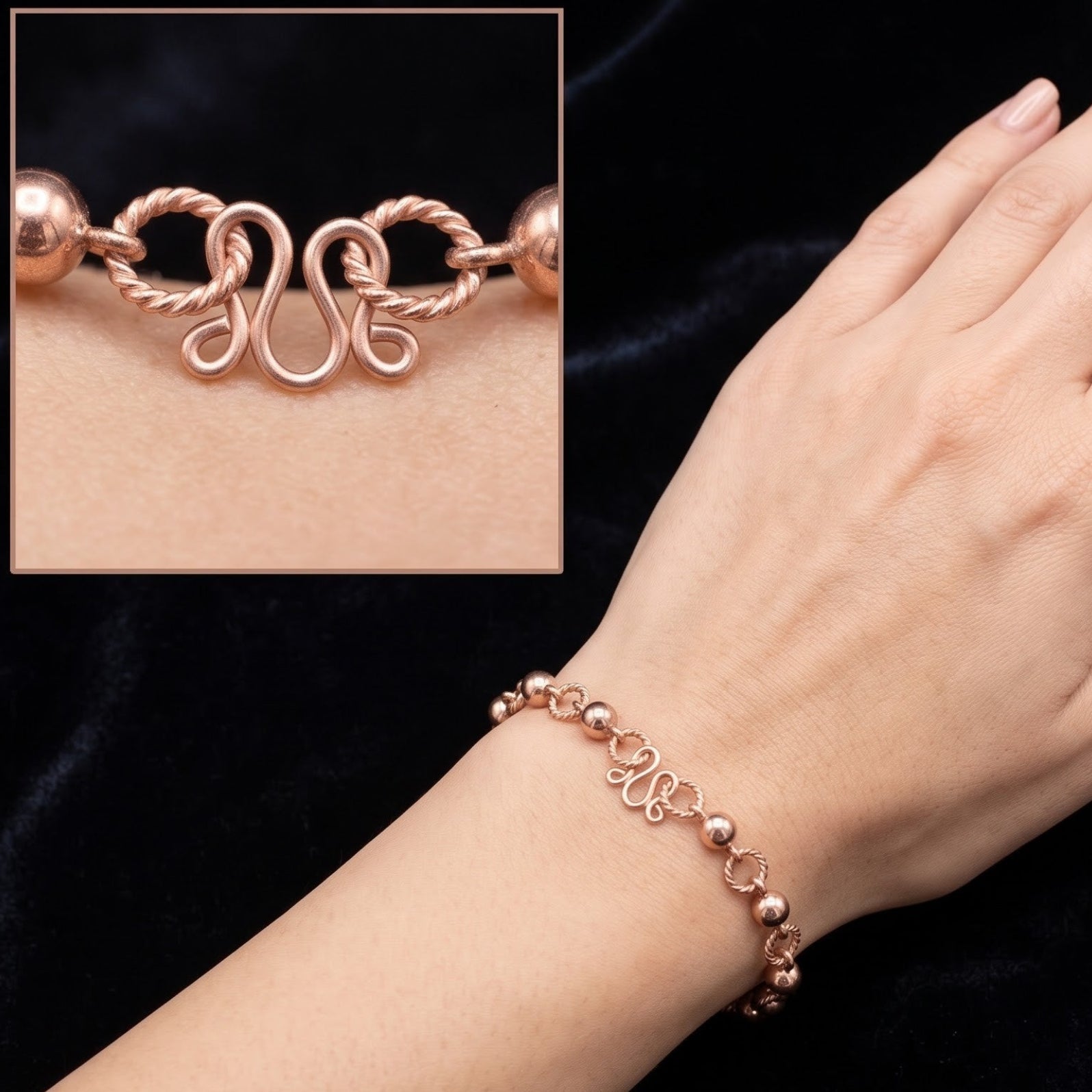 Twisted Rope Bead Copper Bracelet Ornate Clasp - Handmade Copper Chain