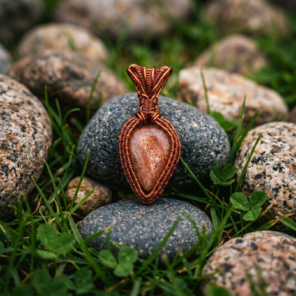 Sunstone Solar Crown — Copper Wire Wrap Pendant S1
