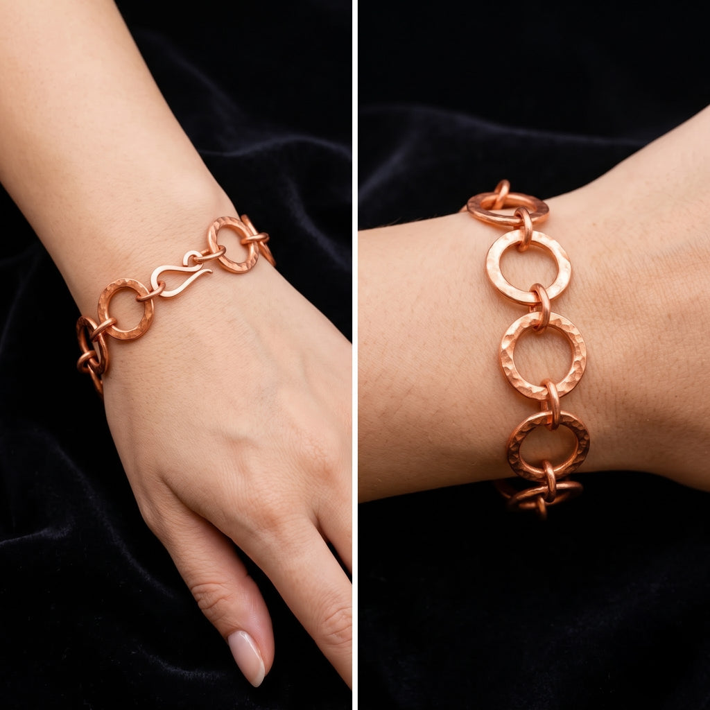 Hammered Ring Link Copper Bracelet - Handmade Chain Link Copper Bracelet