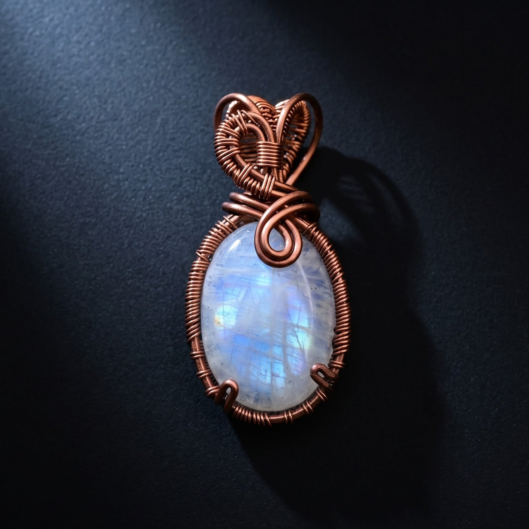 Moonstone Luna Heart — Copper Wire Wrap Pendant