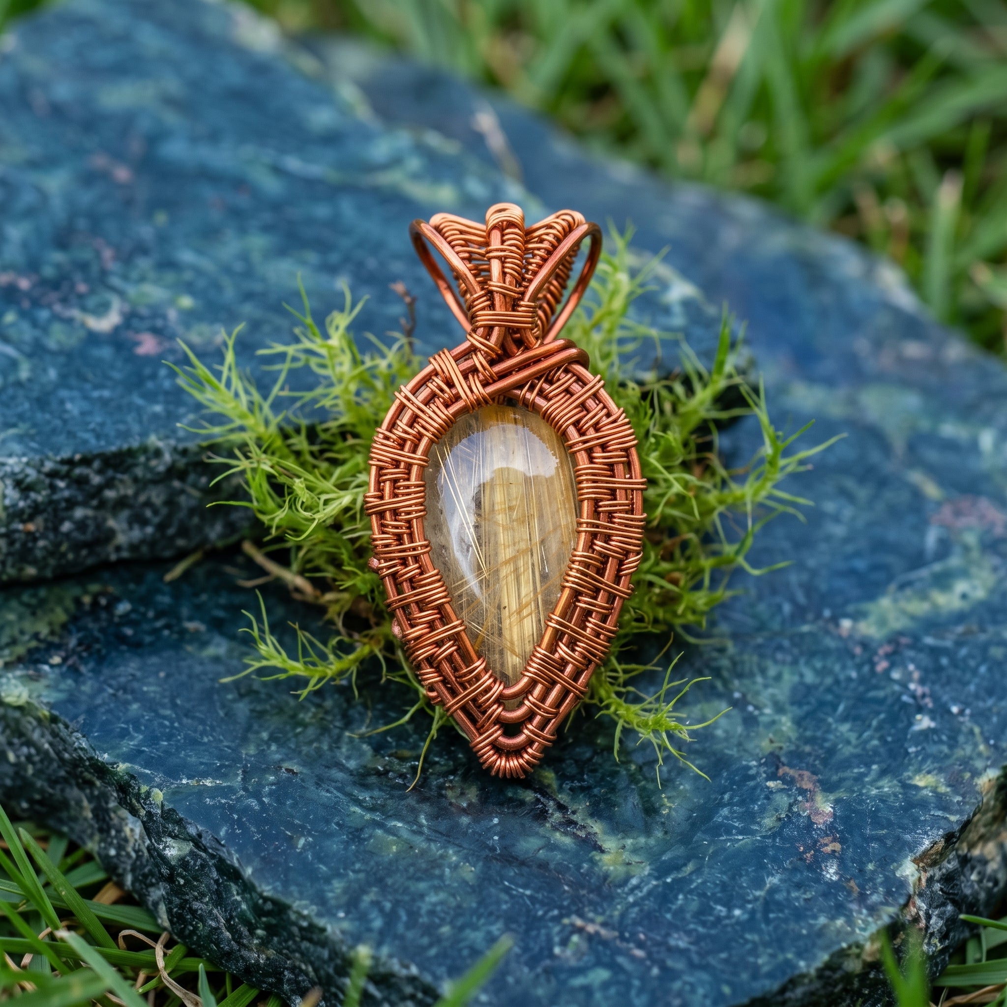 Golden Rutilated Quartz Copper Pendant V1