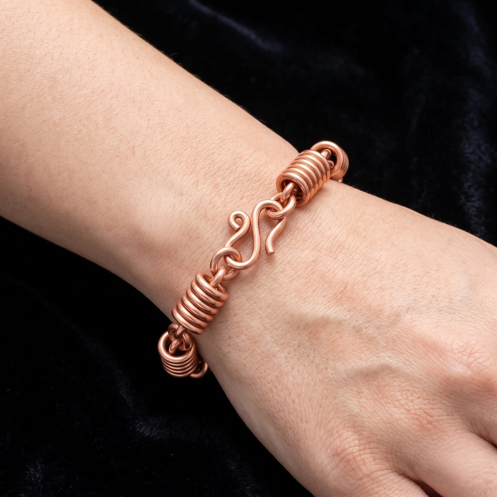 Coiled Barrel Bead Copper Bracelet - Handmade Chain Link Copper Bracelet