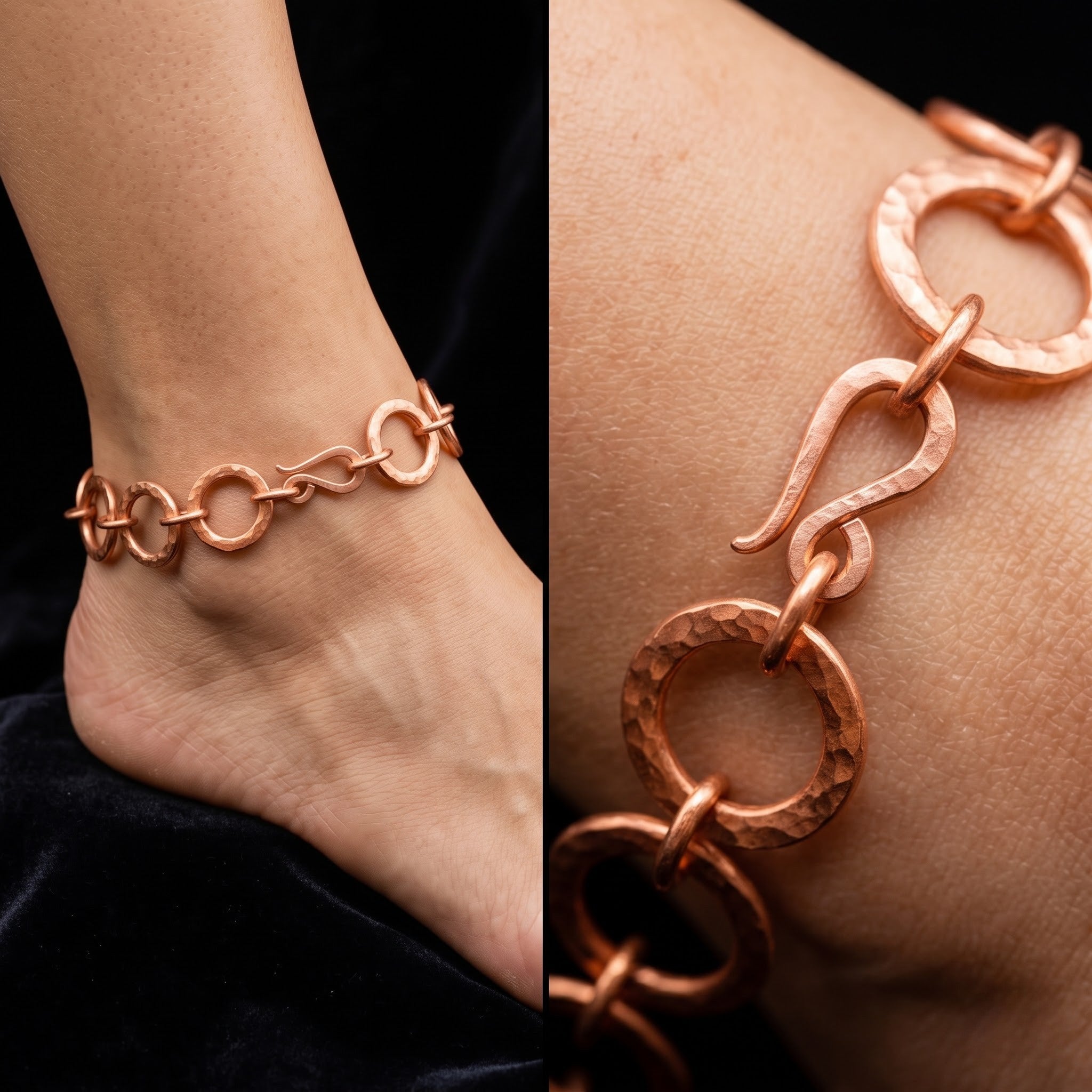 Hammered Ring Link Copper Anklet - Handmade Chain Link Copper Anklet