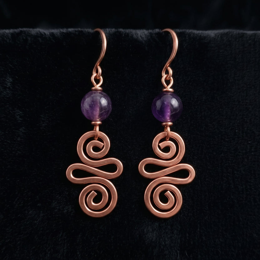 Amethyst Copper Spiral Earrings - Handmade Wire Wrapped Dangle Earrings