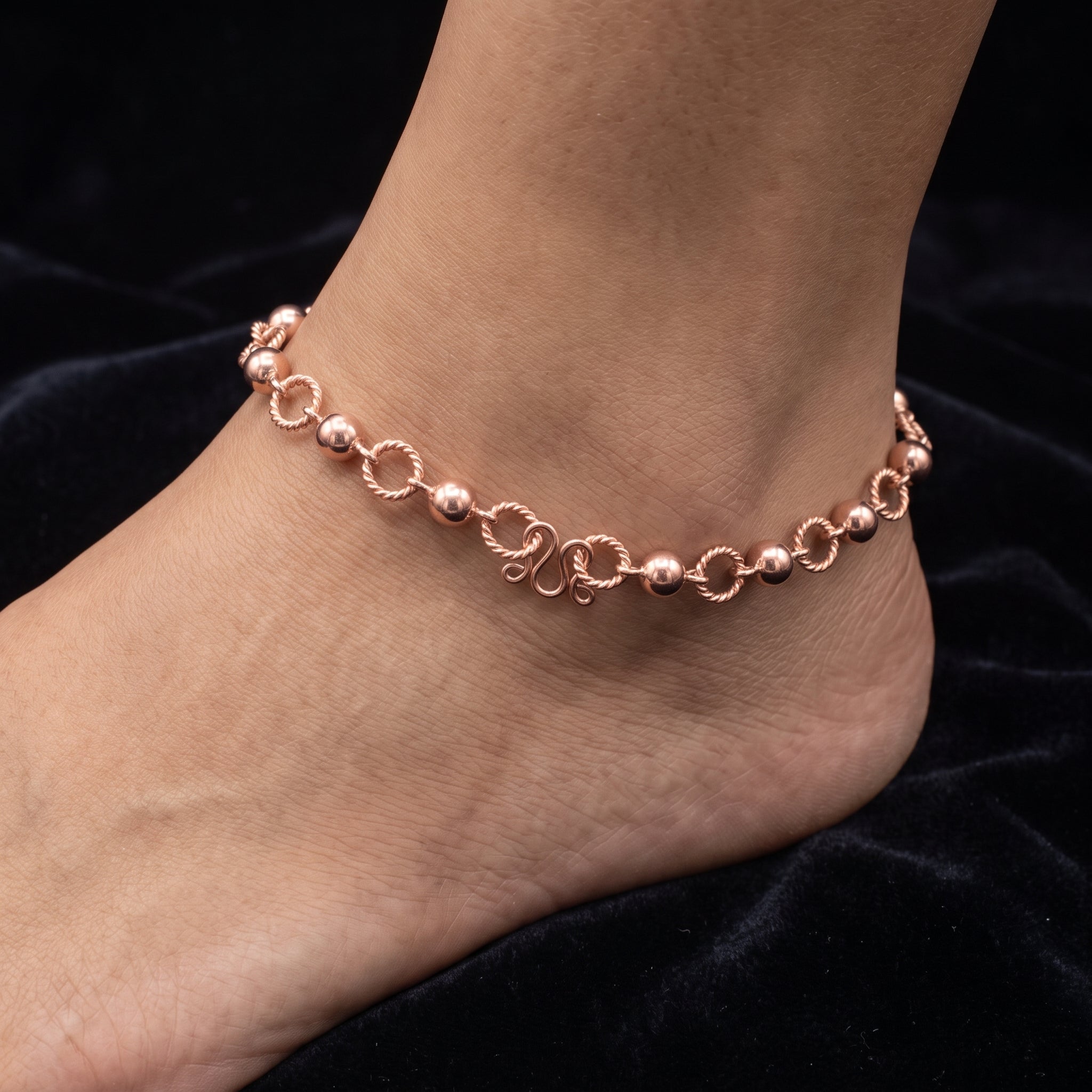Ripple Anklet — Handforged Copper Beads & Twisted Rope Links