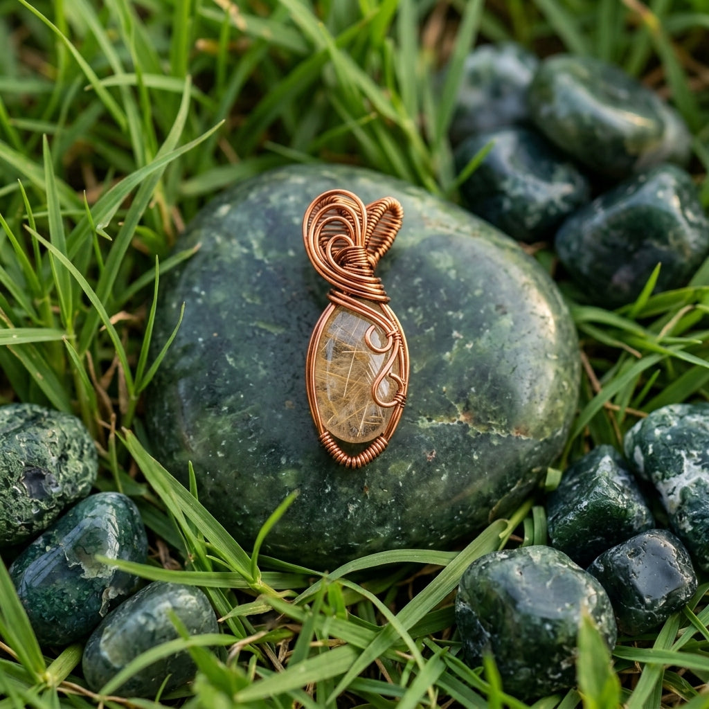 Golden Rutilated Quartz — Copper Wire Wrap Pendant