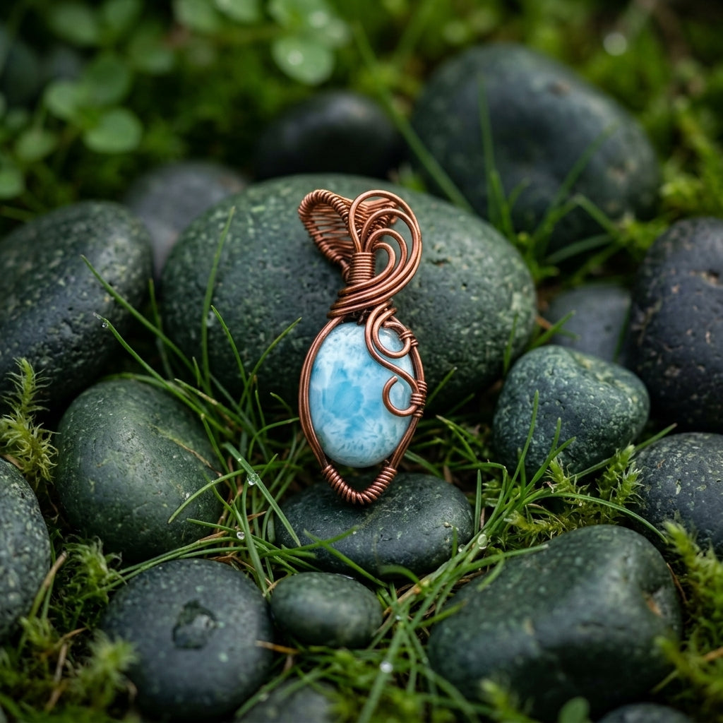 Larimar Ocean Soul — Copper Wire Wrap Pendant