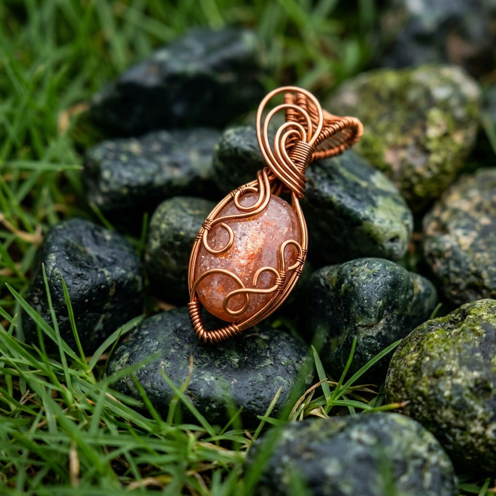 Sunstone Solar Crown — Copper Wire Wrap Pendant S3