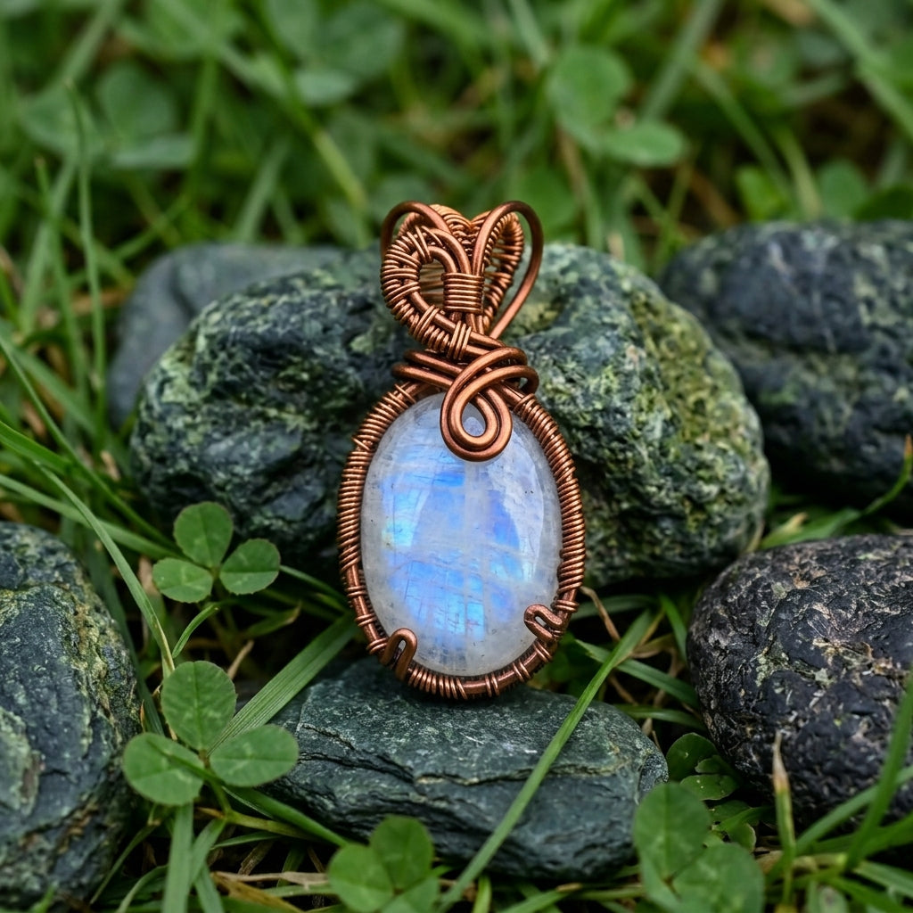 Moonstone Luna Heart — Copper Wire Wrap Pendant