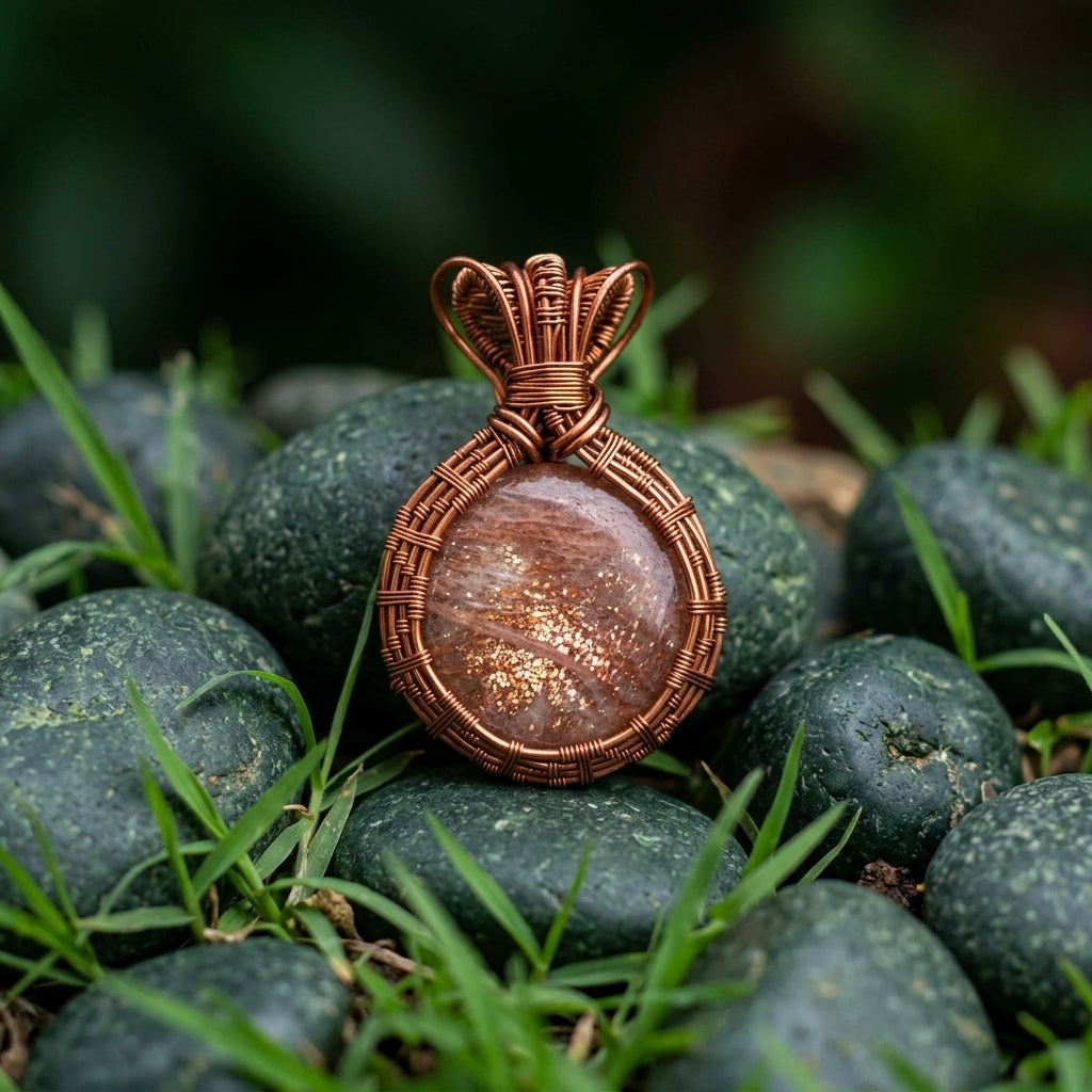 Sunstone Solar Crown — Copper Wire Wrap Pendant
