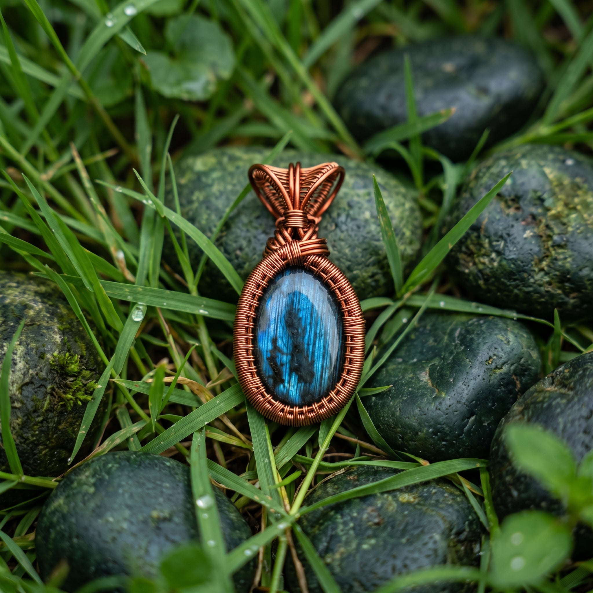 Ocean Whisper – Handwoven Copper Pendant with Natural Labradorite