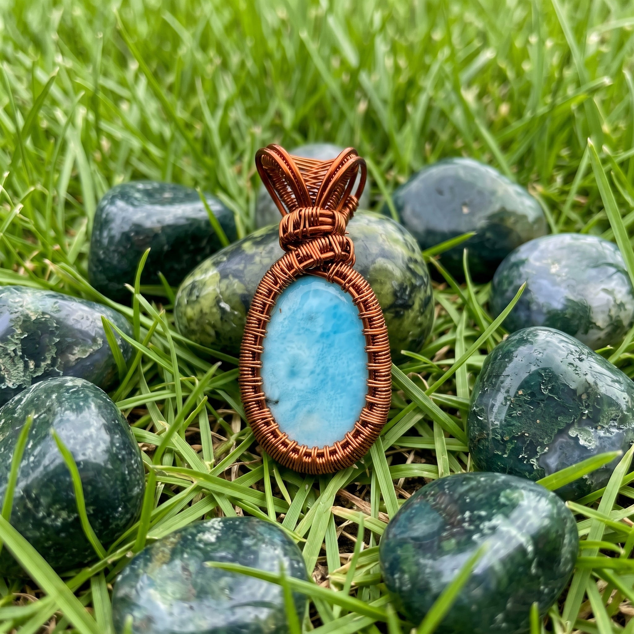 Sky Blue Waves – Copper Wrapped Larimar Pendant
