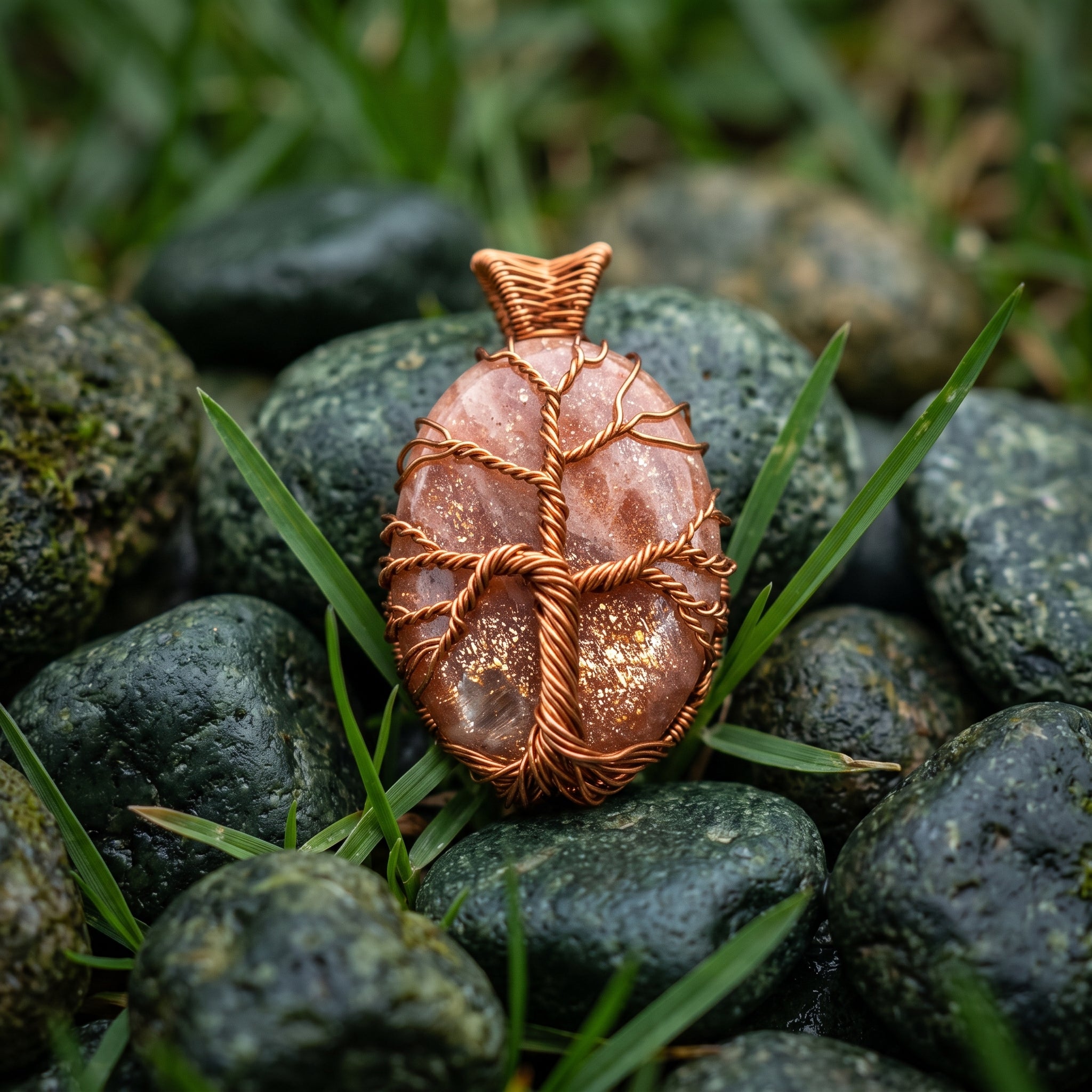Sunstone Solar Crown — Copper Wire Wrap Pendant S1