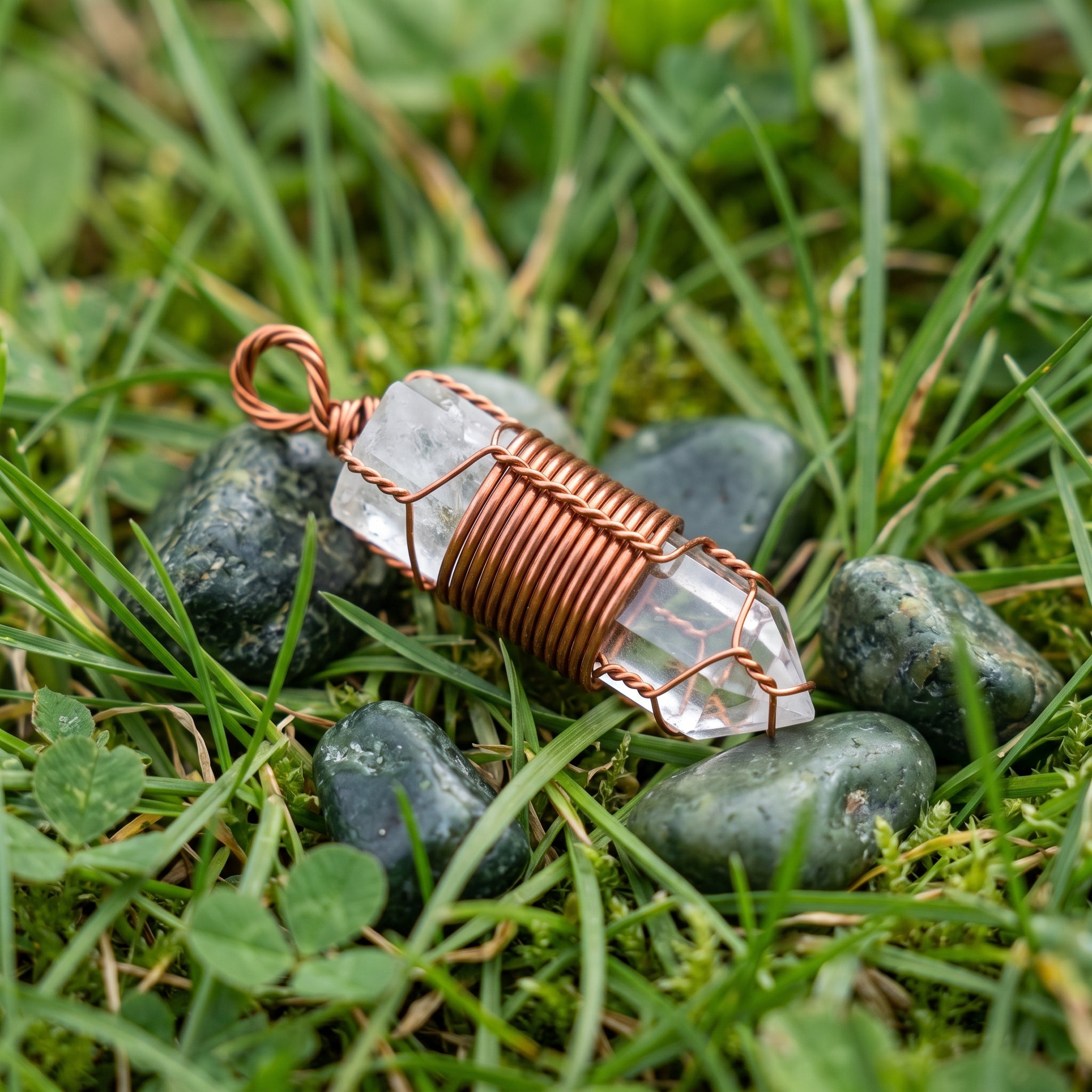 Handmade Copper-Wrapped Clear Quartz Pendant