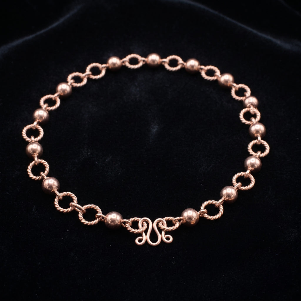 Twisted Rope Bead Copper Bracelet Ornate Clasp - Handmade Copper Chain