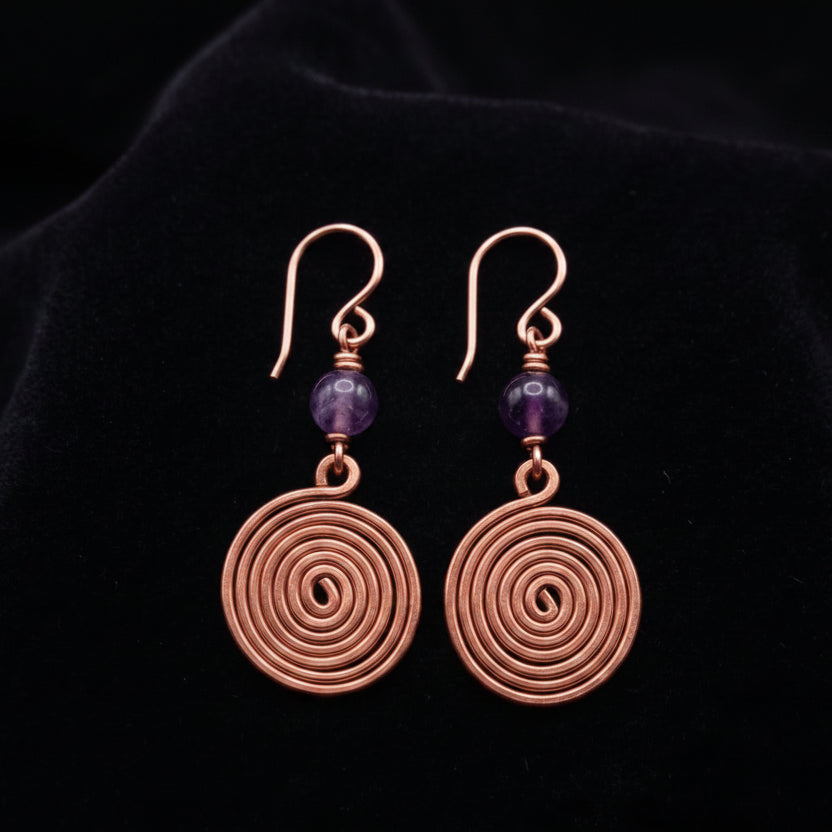 Amethyst Copper Spiral Disc Earrings - Handmade Coiled Wire Dangle Earrings