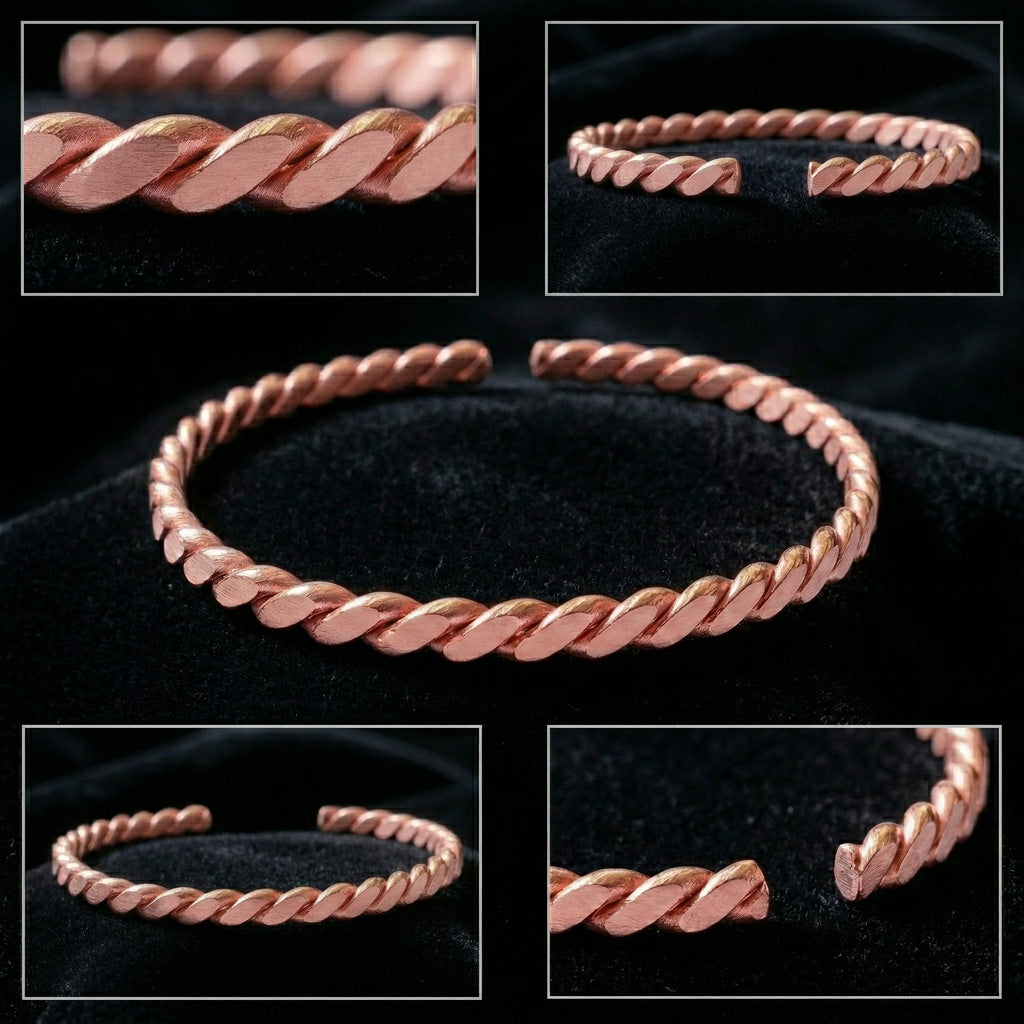 Flat Twisted Copper Bracelet – Pure Red Copper Open Cuff